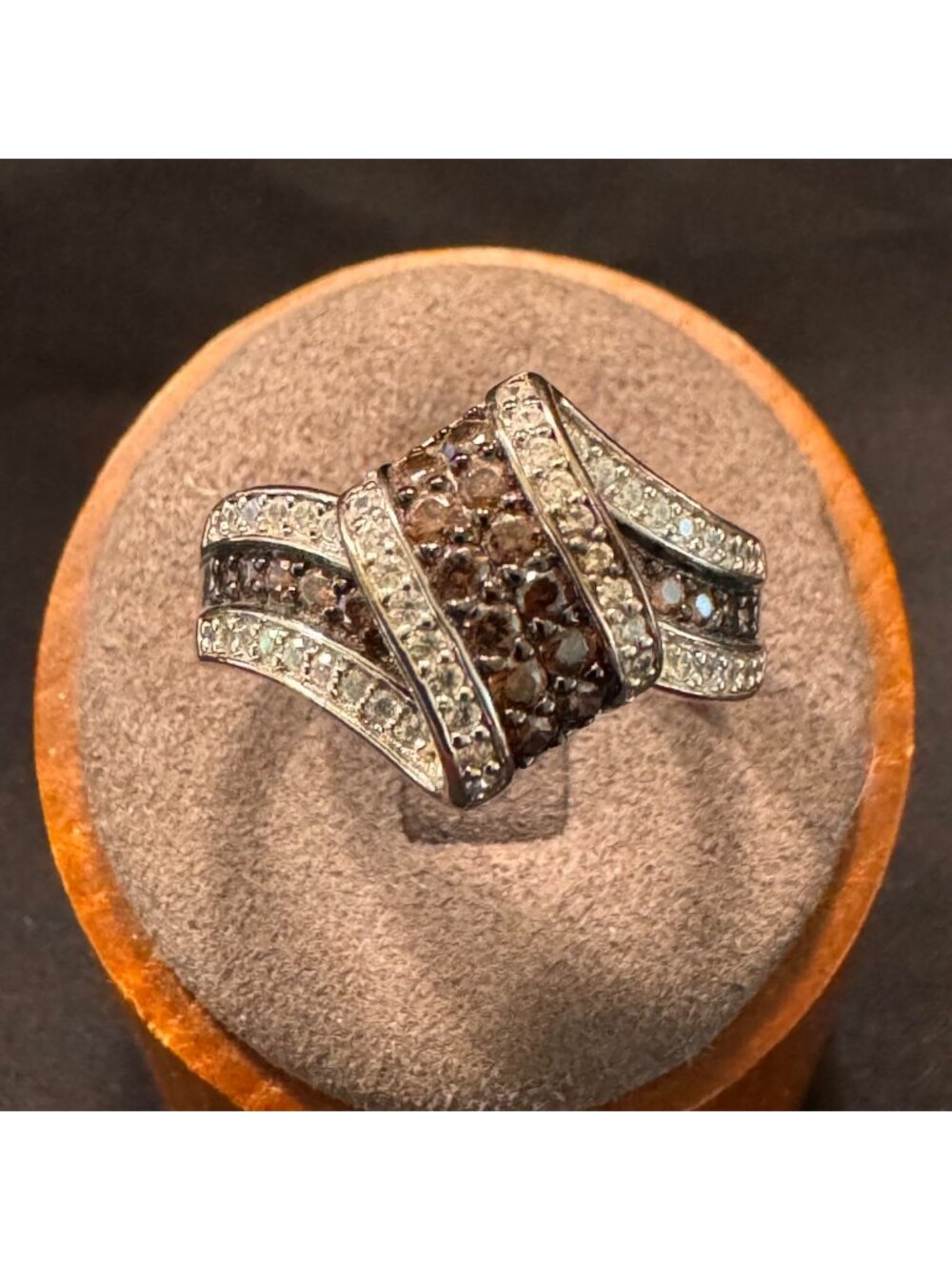 Sterling Silver 925 Chocolate & White Cubic Zirconia Ribbon Design Ring Sz 10.75